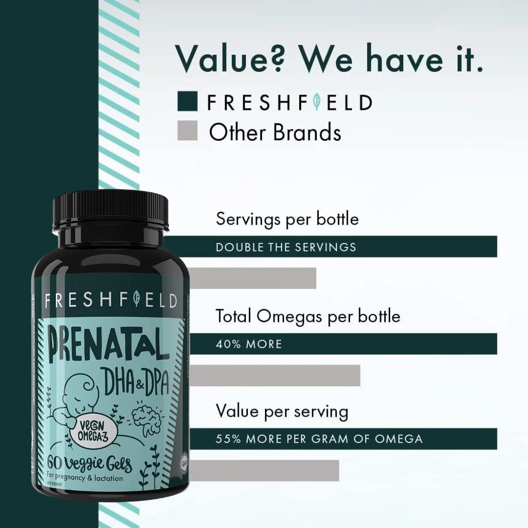 Freshfield microalgae prenatal DHA softgels displayed next to its eco friendly packaging graphics