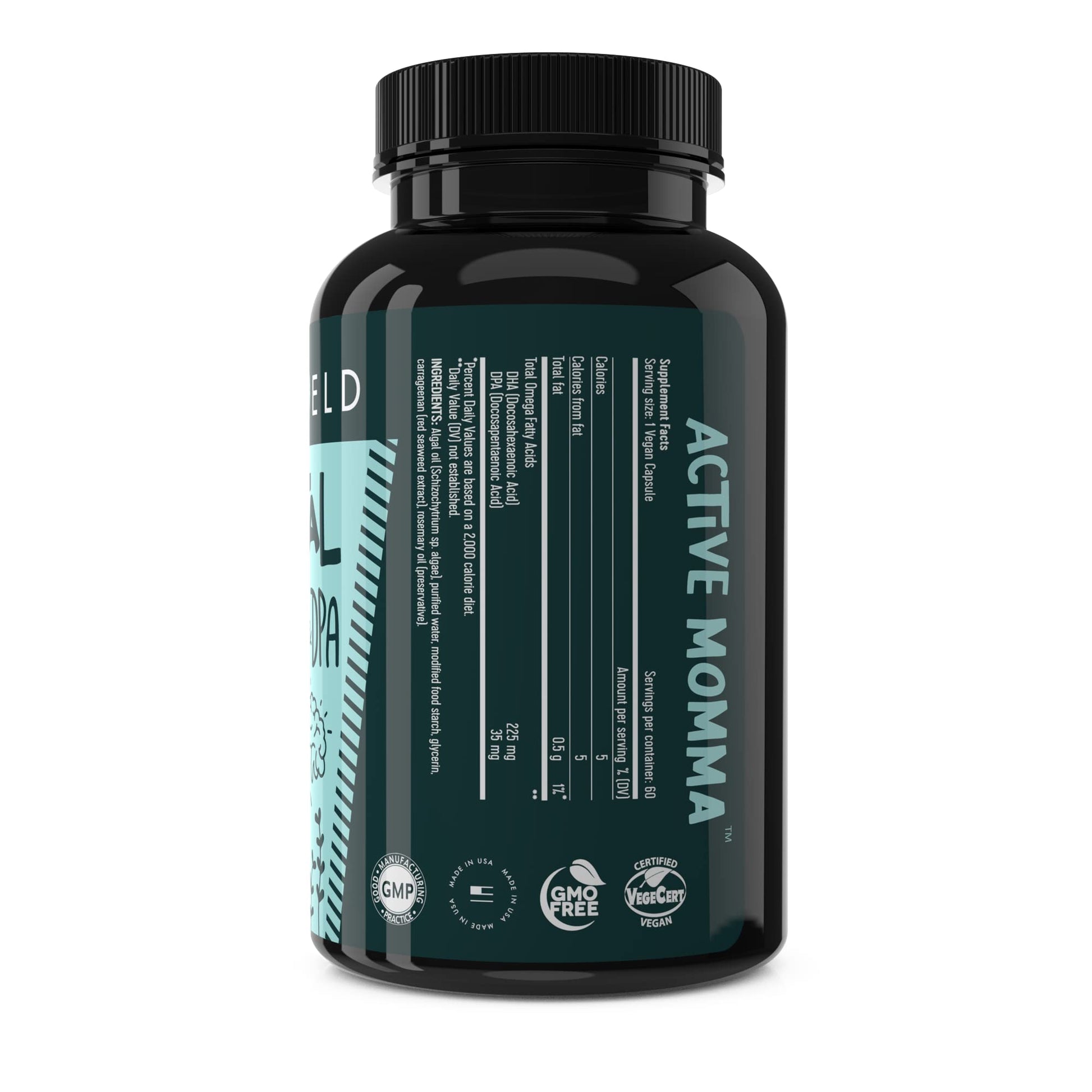 Freshfield Prenatal premium algal oil supplement bottle showing certified plastic negative packaging seals