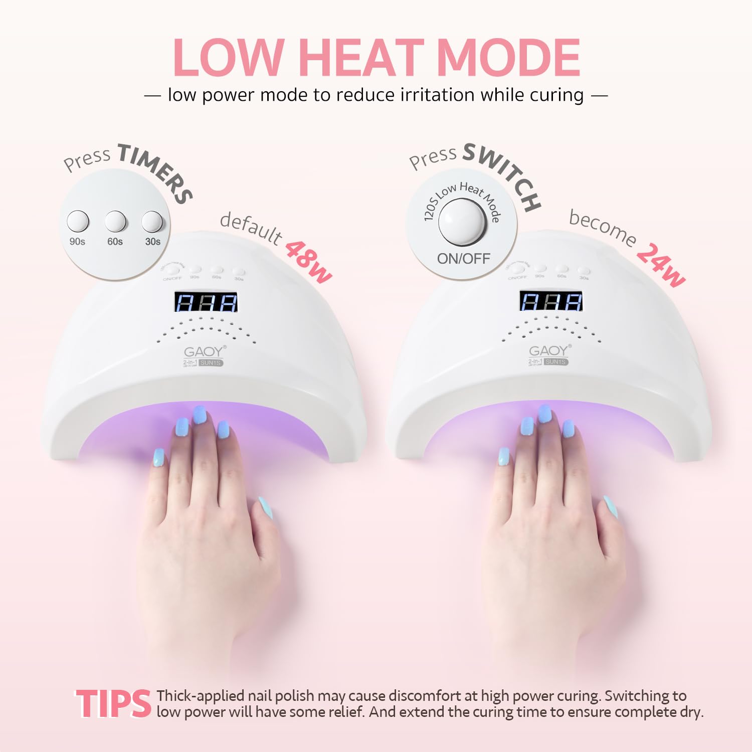 Gaoy gel nail dryer in use with sensitive mode activated