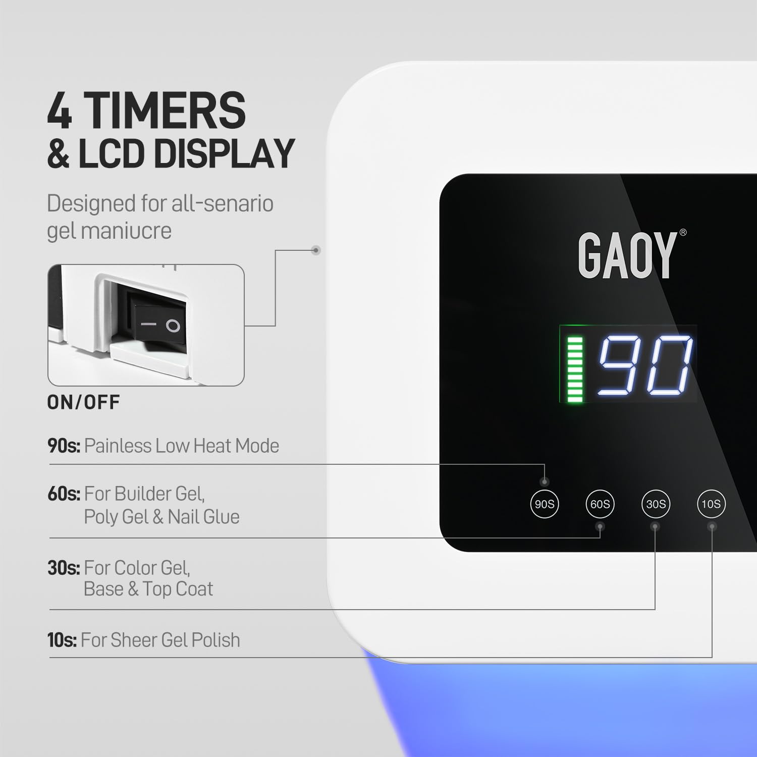 Gaoy nail lamp showing digital timer and battery indicator