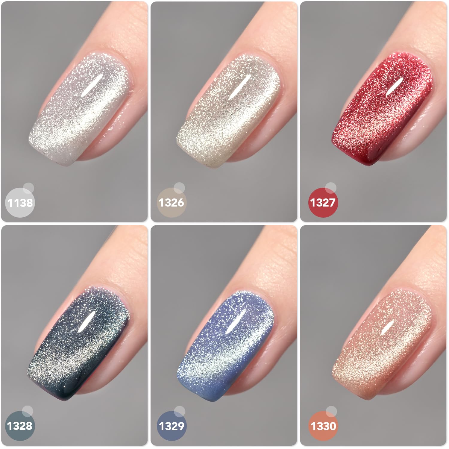 Close up view of Gaoy cat eye gel polish colors on nail tips