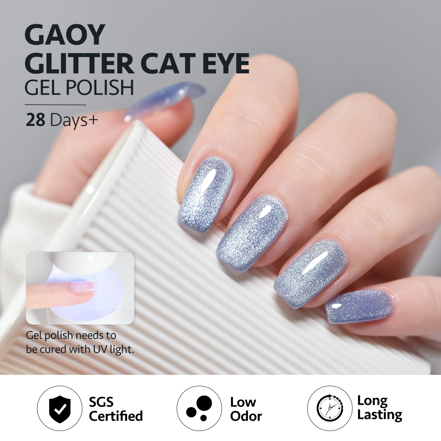 Six bottles of Gaoy glitter cat eye gel polish arranged in a box