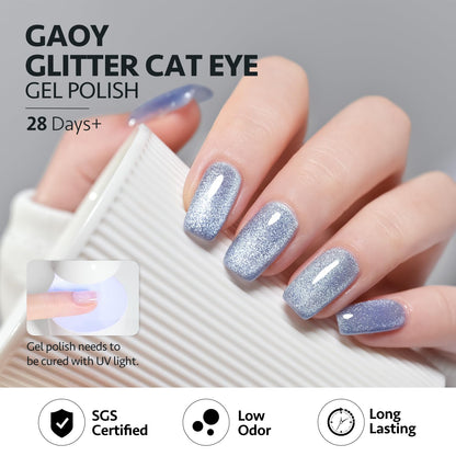 Six bottles of Gaoy glitter cat eye gel polish arranged in a box