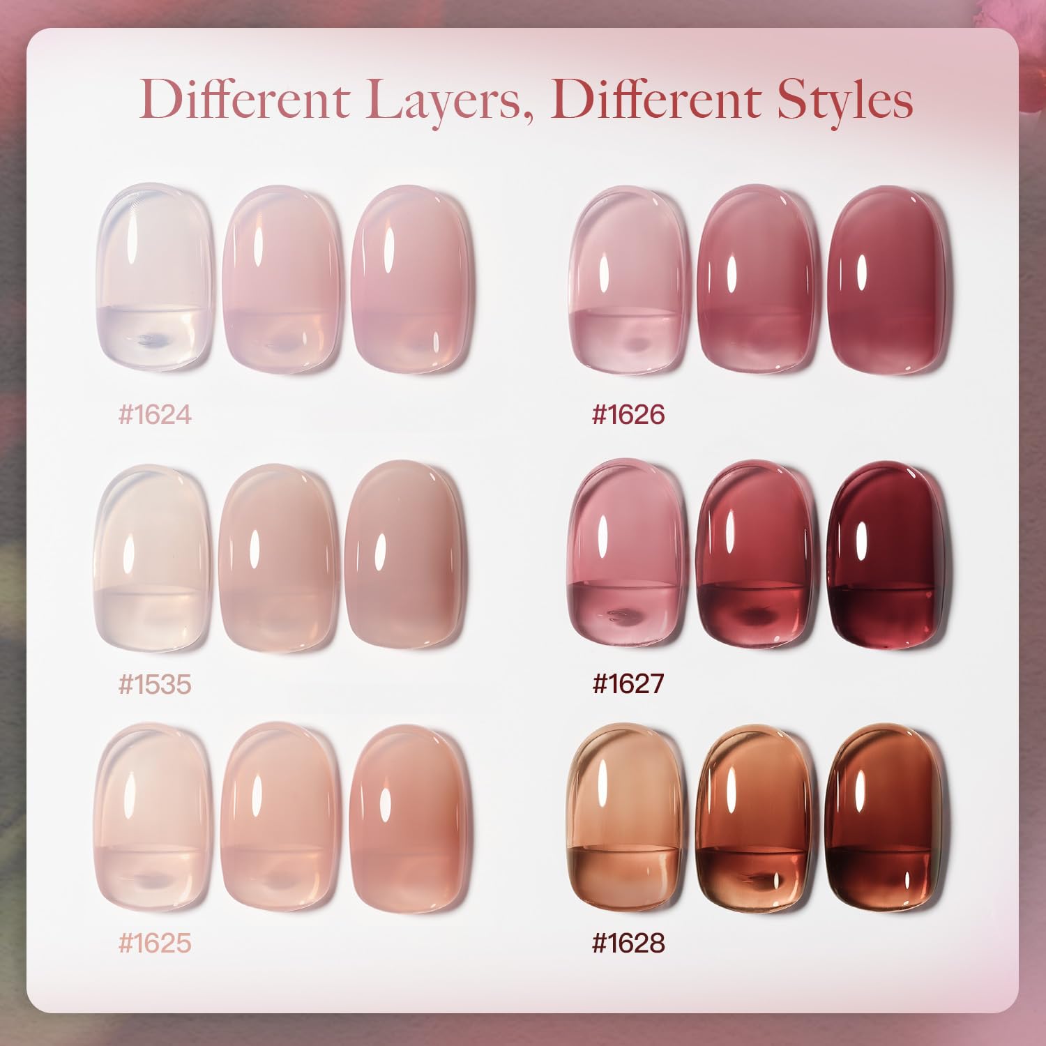 Close up of Gaoy sheer nude jelly gel polish swatches on nails