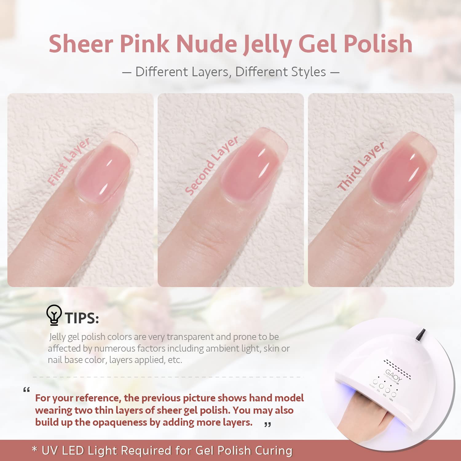 Jelly nail polish swatches showing sheer pink nude colors
