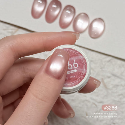 Close up of Gaoy jelly nude cat eye nail art design