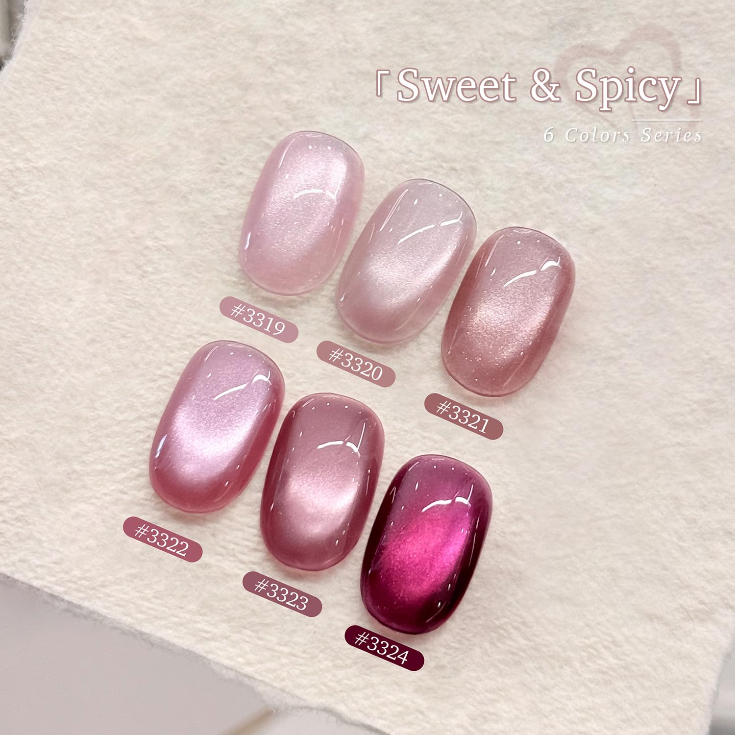 Close up of pink cat eye gel polish swatches on nails