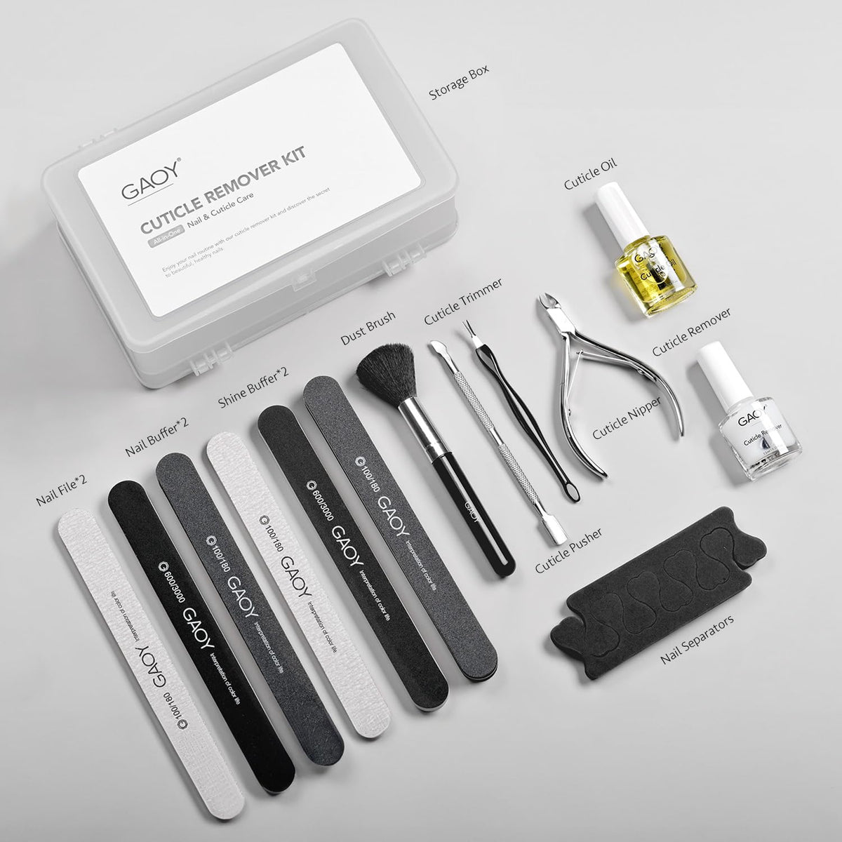 Nail buffers and dust brush included in the grooming kit