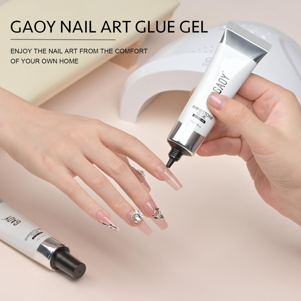 Completed 3D nail art manicure using GAOY rhinestone glue