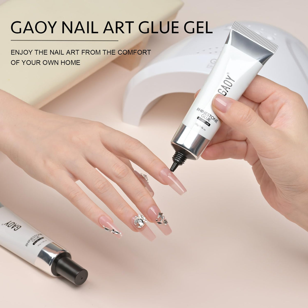 Completed 3D nail art manicure using GAOY rhinestone glue