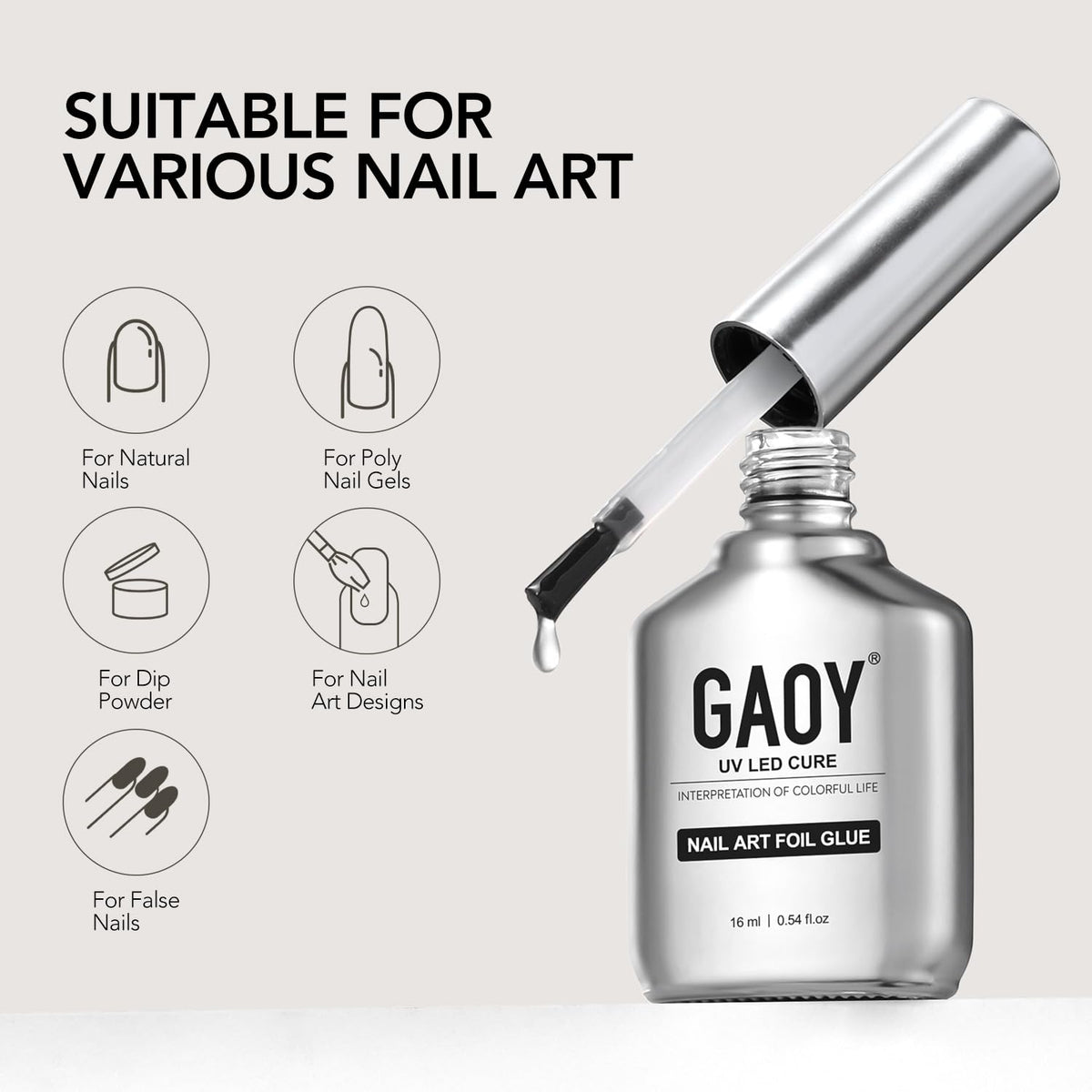 Back label view of GAOY nail foil glue highlighting safety and volume specs