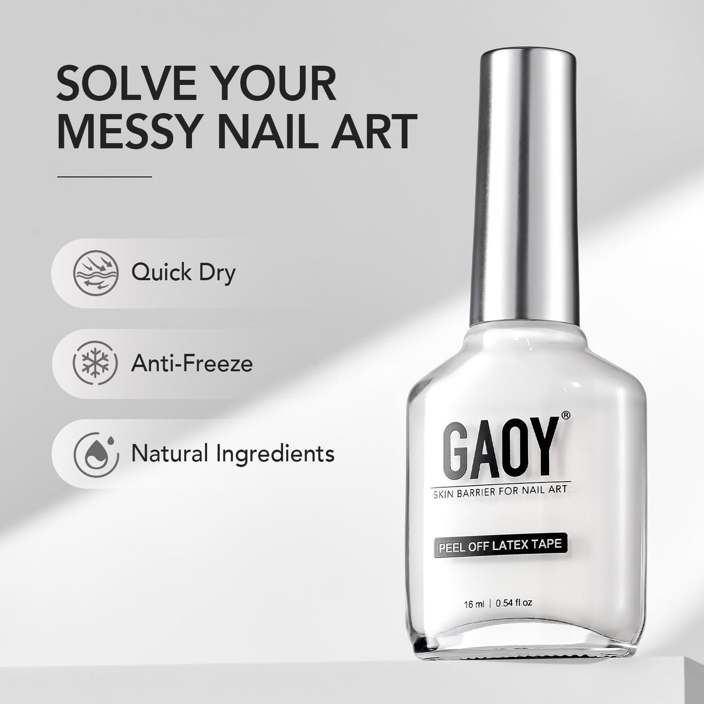 Close up of the brush applicator inside the GAOY liquid latex nail barrier bottle