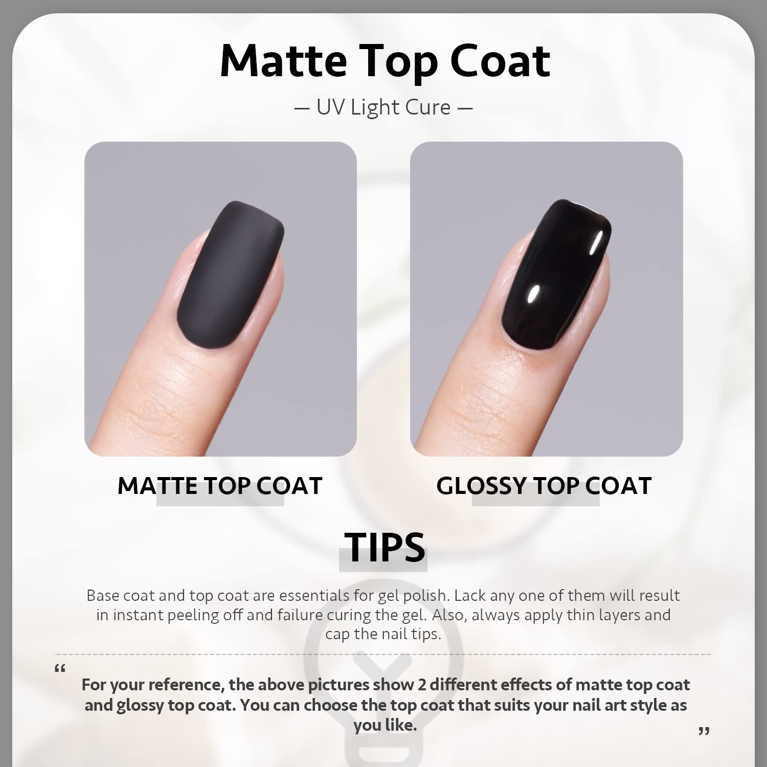 Sixteen milliliter bottle of GAOY powder-resist matte top gel alongside a cured matte nail sample.