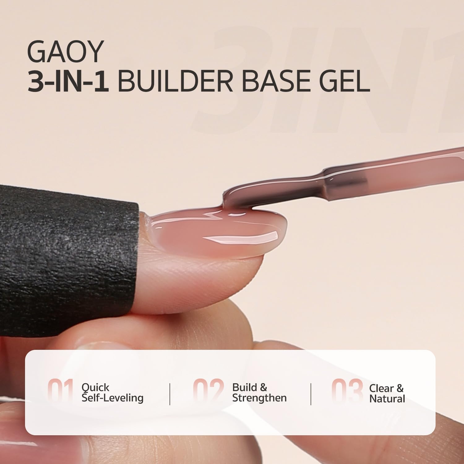 Almond shaped manicured fingernails displaying the translucent high gloss finish of the GAOY Lush Nude builder gel