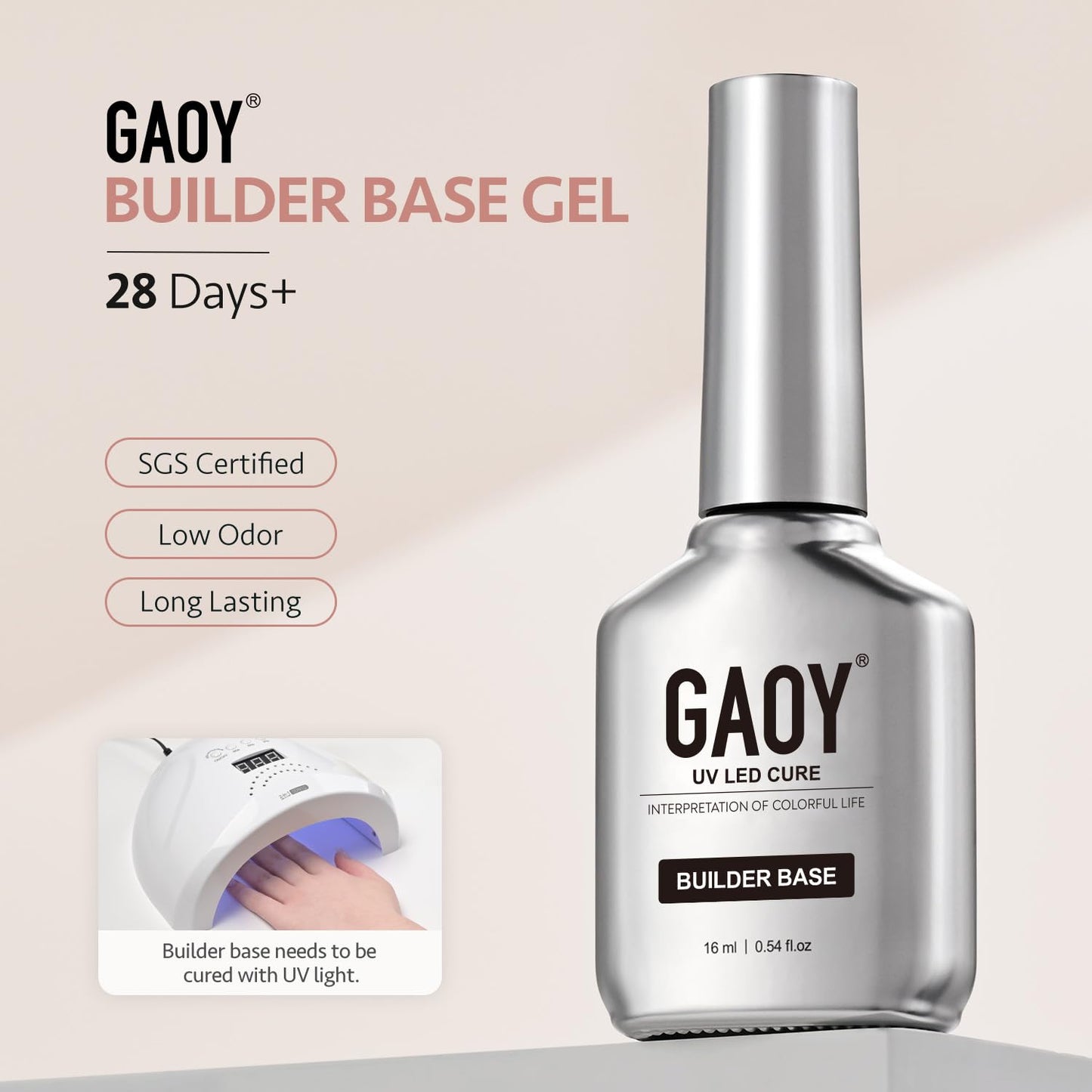 Side view of the premium GAOY 16ml bottle detailing the safety warnings and directions for professional soak off nail care