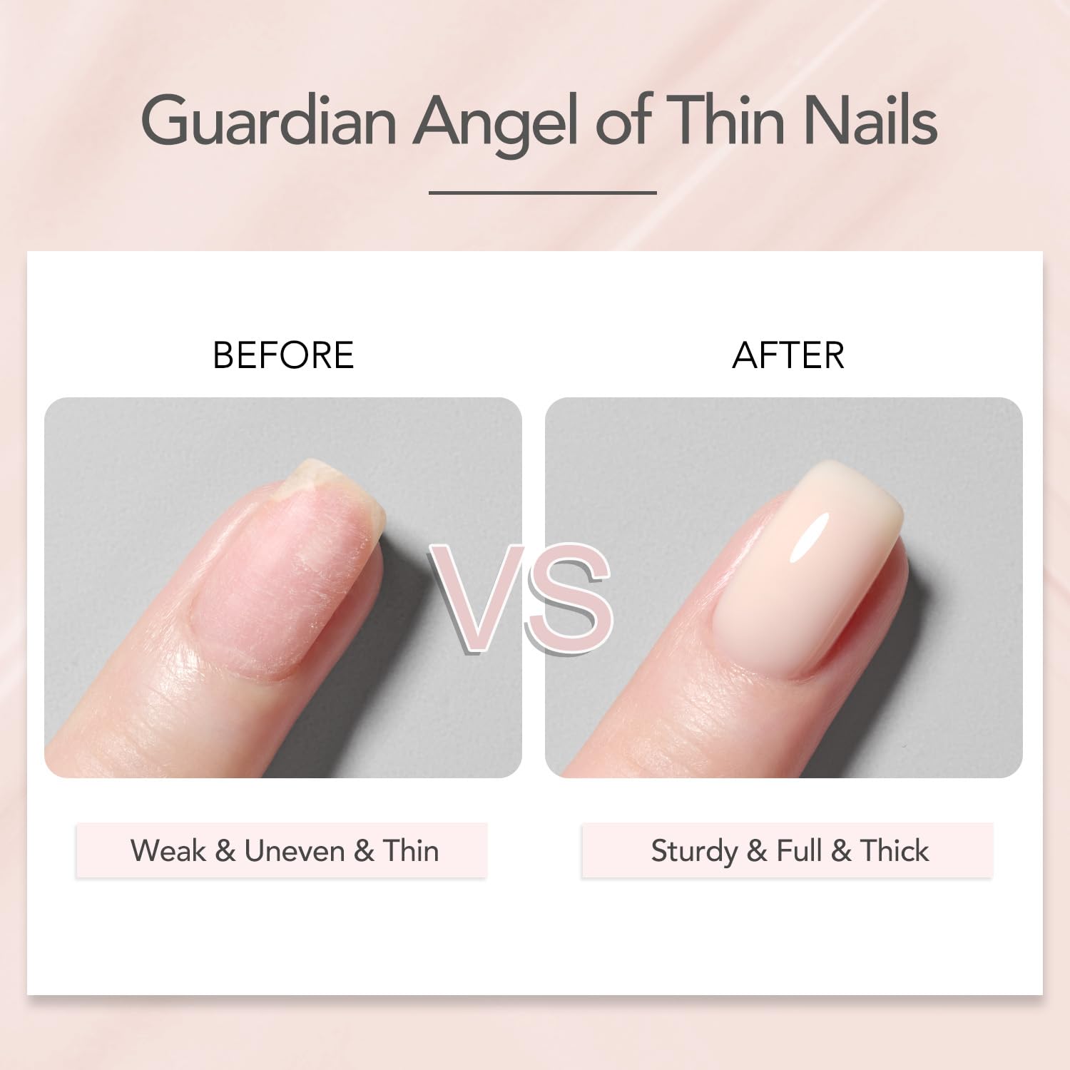 A clean manicure displaying the sheer pink jelly builder finish on natural shaped nails
