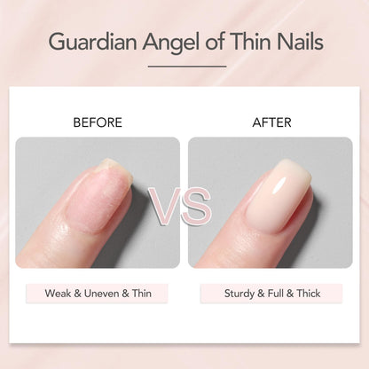 A clean manicure displaying the sheer pink jelly builder finish on natural shaped nails