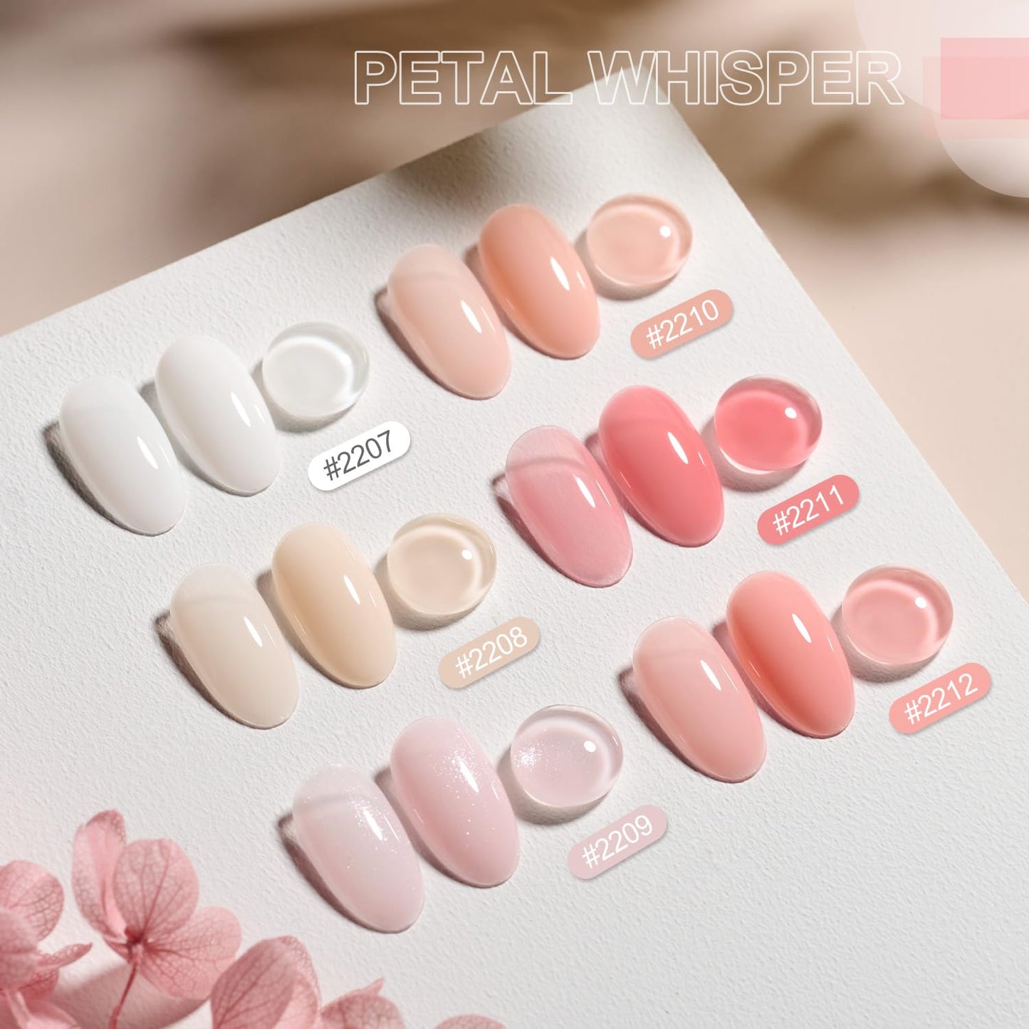 Side view of the Petal Whisper soak off base gel bottles detailing the volume and ingredient labels