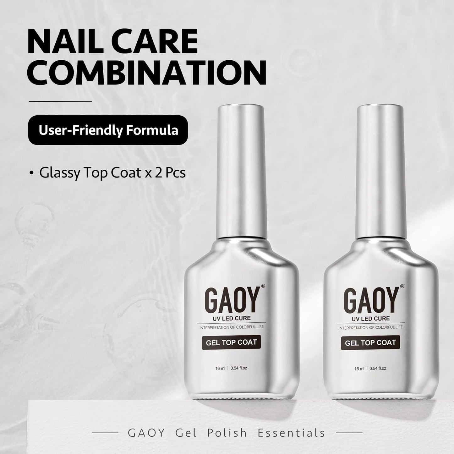 Side by side view of both bottles in the gaoy long lasting gel nail art kit