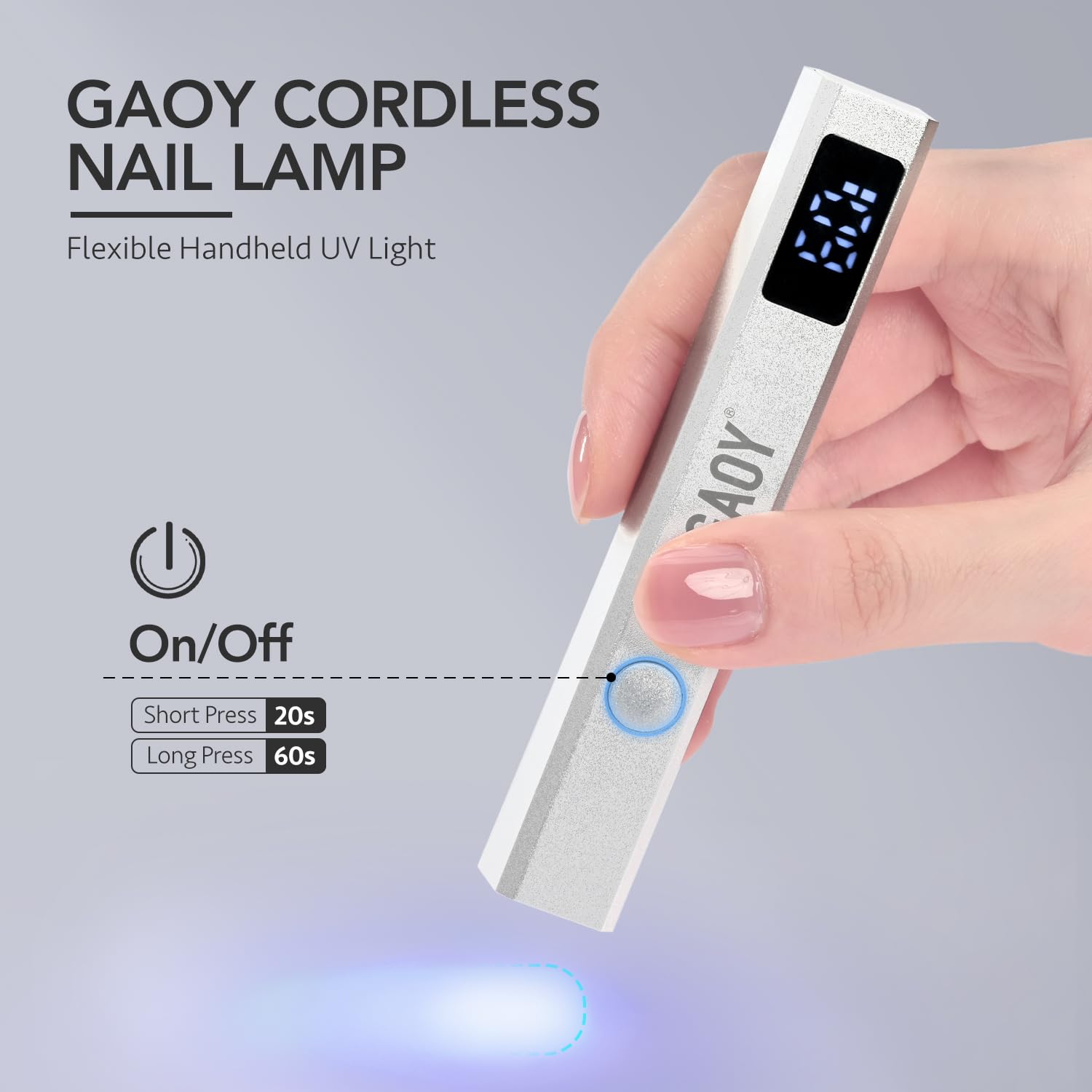 GAOY mini UV light digital LCD display showcasing the countdown timer functionality