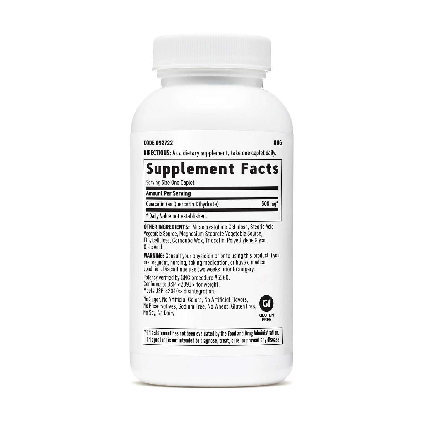 Side view of GNC Quercetin dietary supplement showing clean ingredient details.
