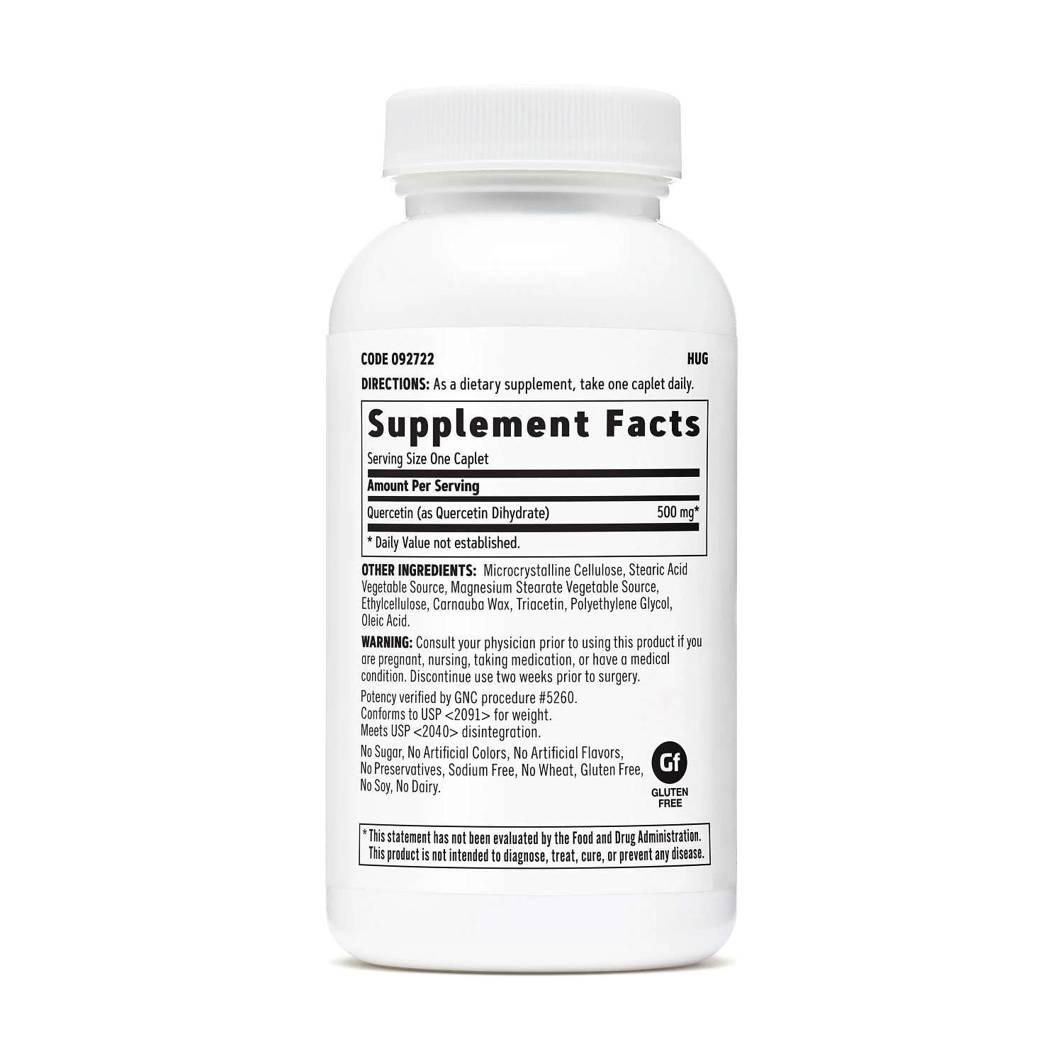Side view of GNC Quercetin dietary supplement showing clean ingredient details.