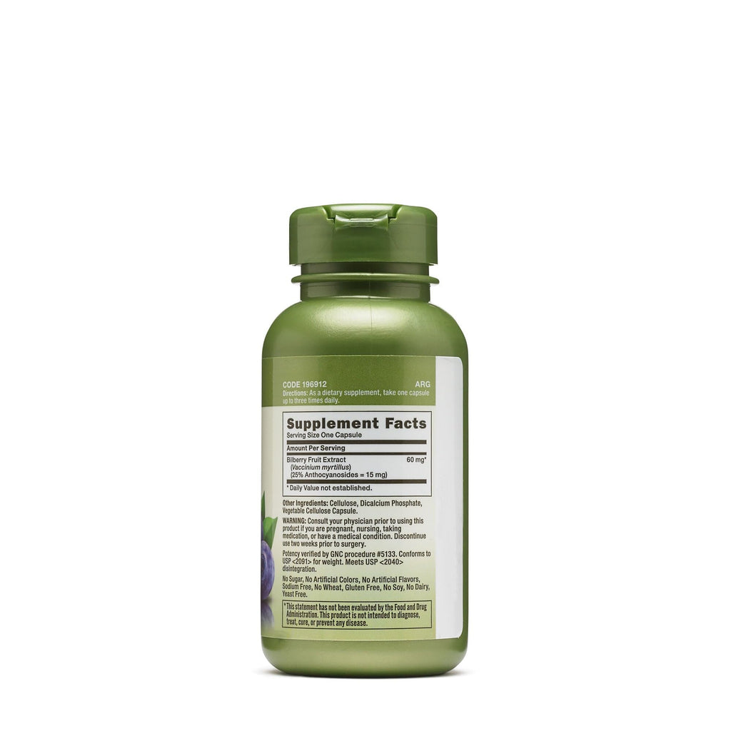 GNC Herbal Plus Bilberry Extract supplement bottle highlighting vegetarian and gluten free labels