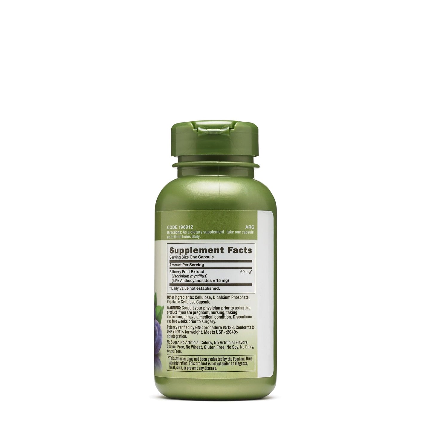 GNC Herbal Plus Bilberry Extract supplement bottle highlighting vegetarian and gluten free labels
