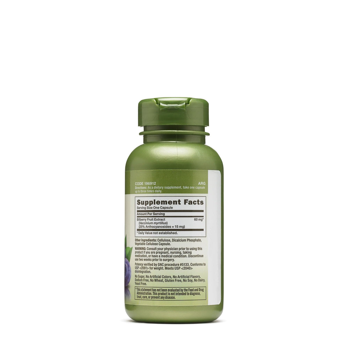 GNC Herbal Plus Bilberry Extract supplement bottle highlighting vegetarian and gluten free labels