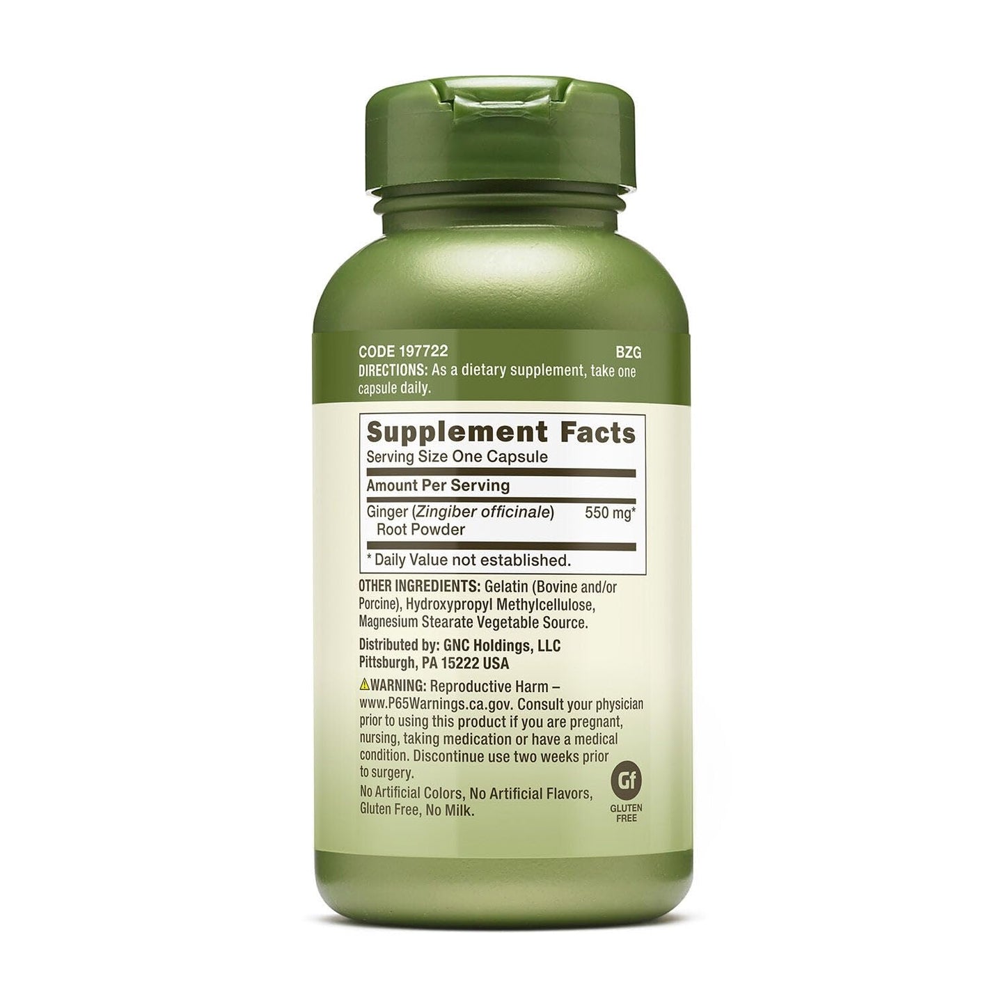 GNC ginger root supplement bottle showing active ingredients and daily dietary instructions panel.