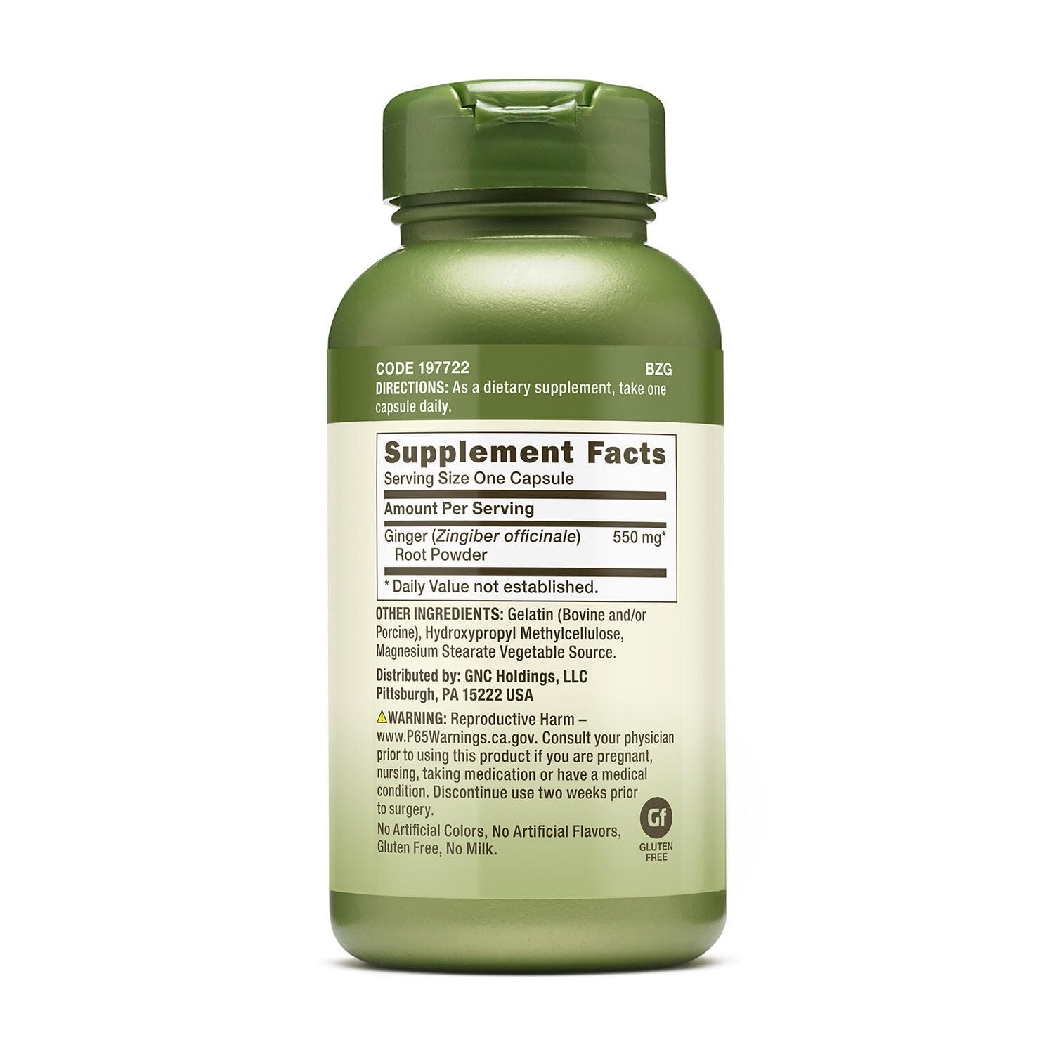 GNC ginger root supplement bottle showing active ingredients and daily dietary instructions panel.