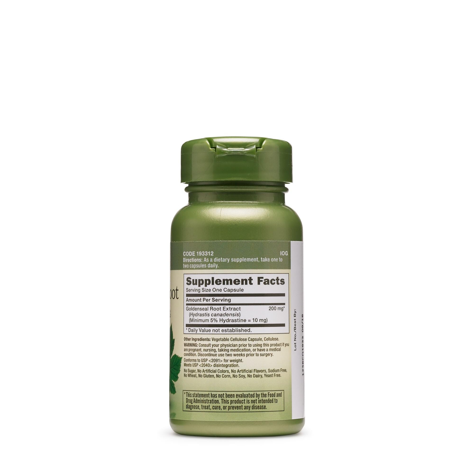 GNC Herbal Plus Goldenseal Root vegetarian capsules supplement label showing ingredients