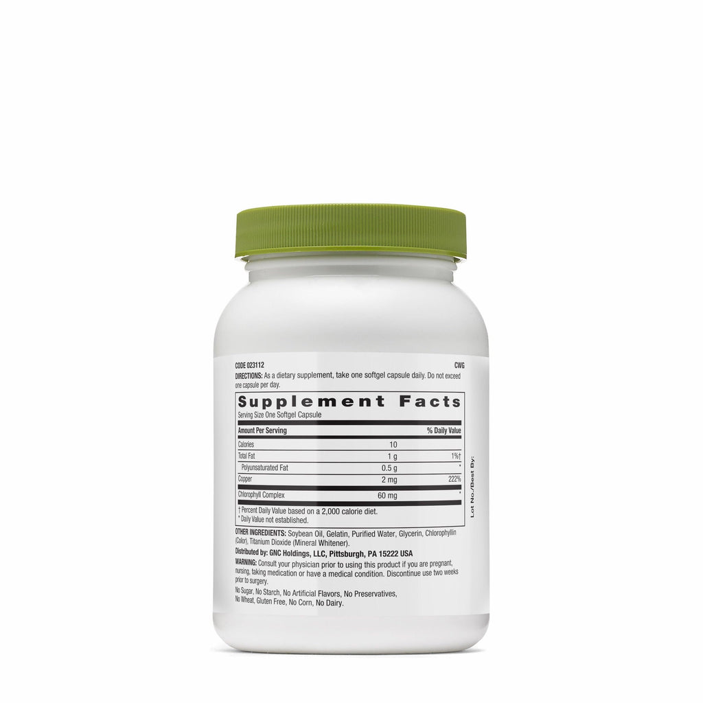GNC Superfoods Triple Chlorophyll bottle back label displaying ingredient details and nutritional facts.