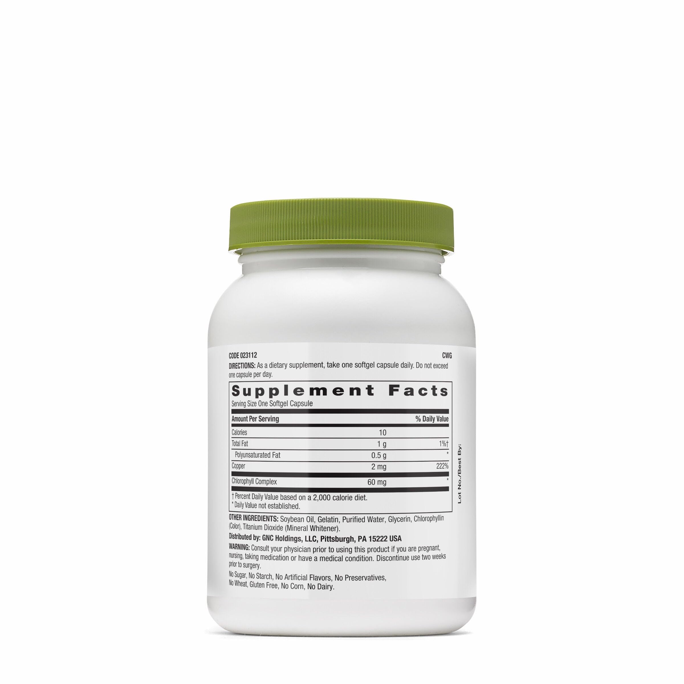 GNC Superfoods Triple Chlorophyll bottle back label displaying ingredient details and nutritional facts.