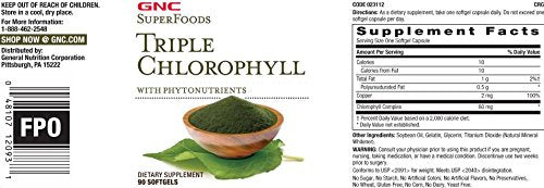 Premium green chlorophyll softgels displayed next to the GNC Superfoods brand packaging.