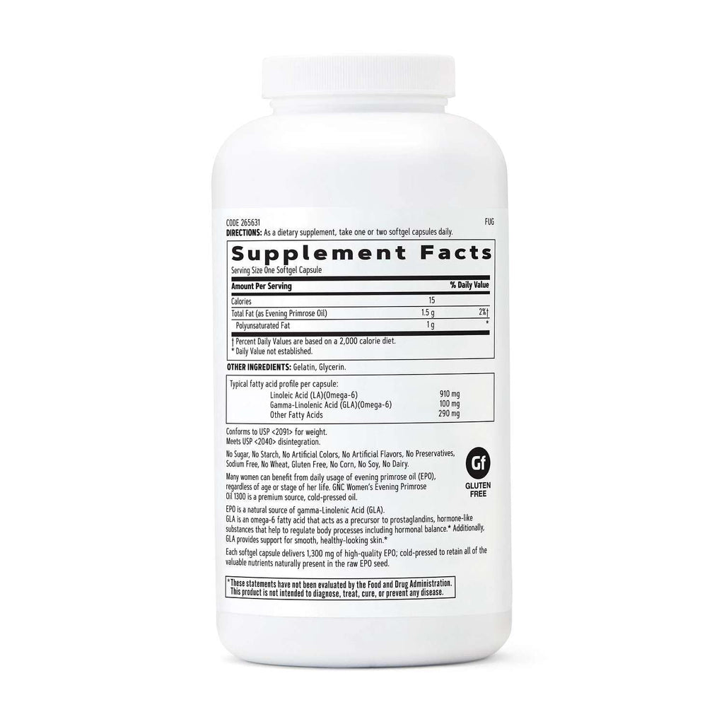 GNC Evening Primrose Oil 1300 Milligrams packaging showing supplement facts and clean ingredients