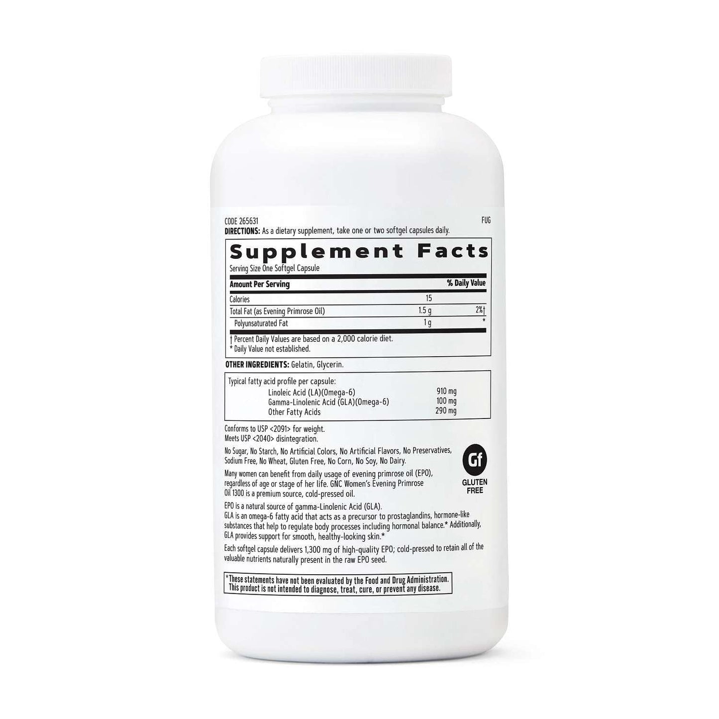 GNC Evening Primrose Oil 1300 Milligrams packaging showing supplement facts and clean ingredients