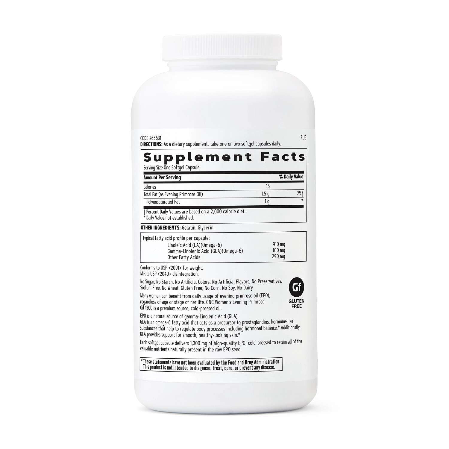 GNC Evening Primrose Oil 1300 Milligrams packaging showing supplement facts and clean ingredients