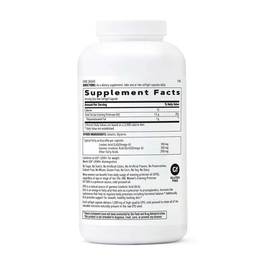 GNC Evening Primrose Oil 1300 Milligrams packaging showing supplement facts and clean ingredients