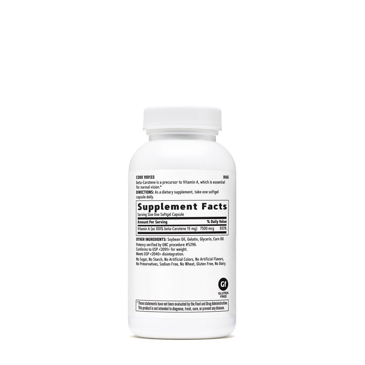 Side angle of GNC beta carotene supplement showing ingredient panel details and serving facts