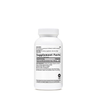 Side angle of GNC beta carotene supplement showing ingredient panel details and serving facts