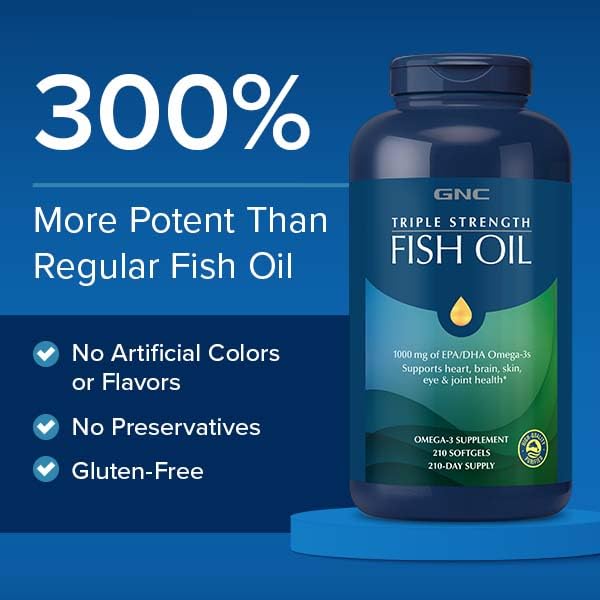 Authentic GNC Triple Strength Fish Oil bottle on premium background