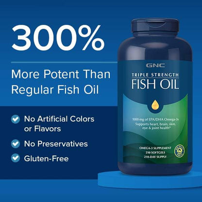 Authentic GNC Triple Strength Fish Oil bottle on premium background