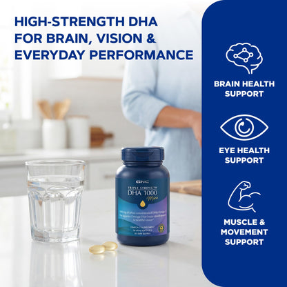 Close up view of GNC ultra concentrated omega three DHA softgels for brain health