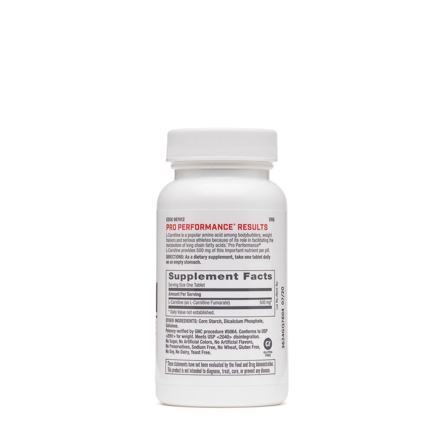 GNC L Carnitine 500mg supplement label detailing nutritional facts and fat metabolism benefits