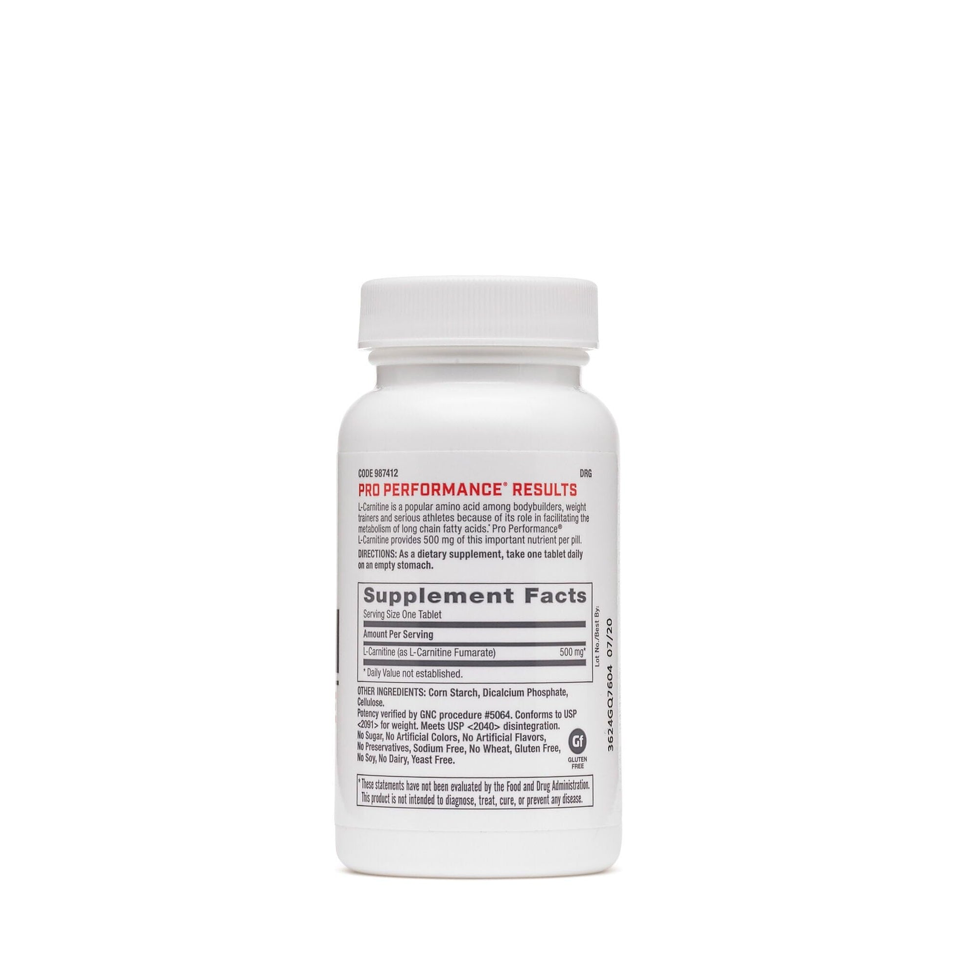GNC L Carnitine 500mg supplement label detailing nutritional facts and fat metabolism benefits