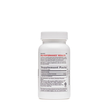 GNC L Carnitine 500mg supplement label detailing nutritional facts and fat metabolism benefits