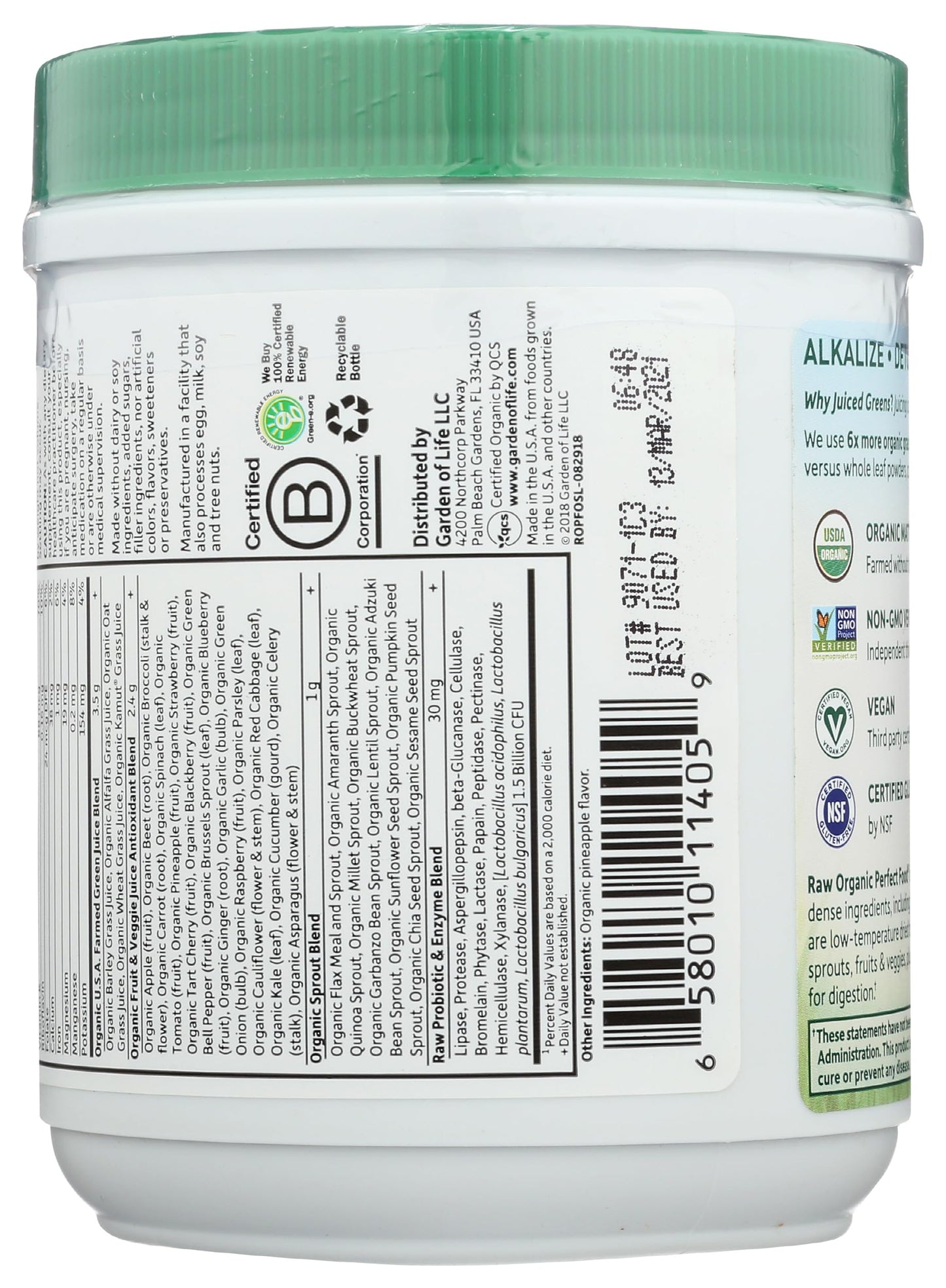 Organic juiced greens powder container displaying USDA Organic and Non-GMO certifications