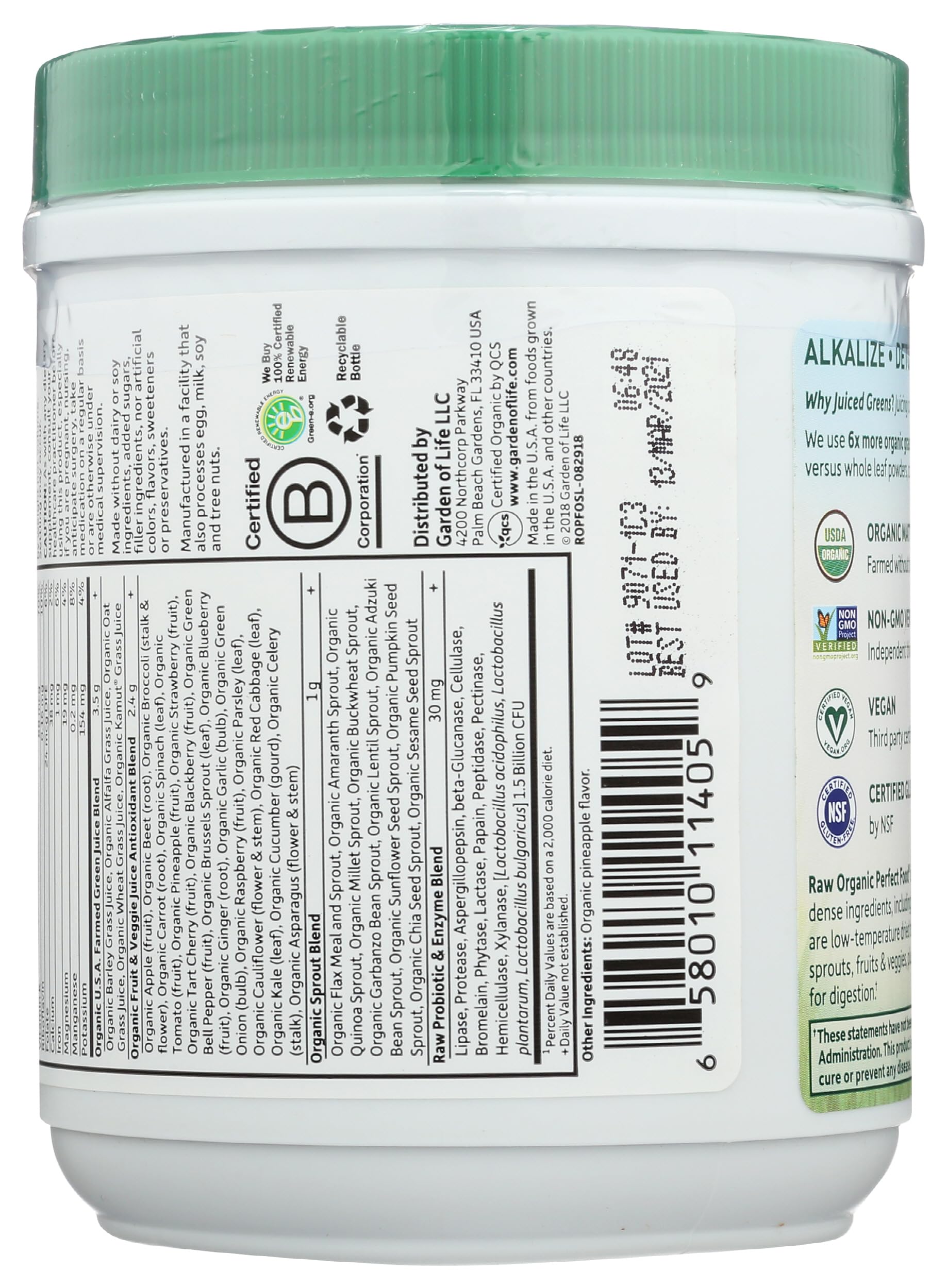 Organic juiced greens powder container displaying USDA Organic and Non-GMO certifications