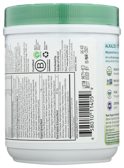 Organic juiced greens powder container displaying USDA Organic and Non-GMO certifications